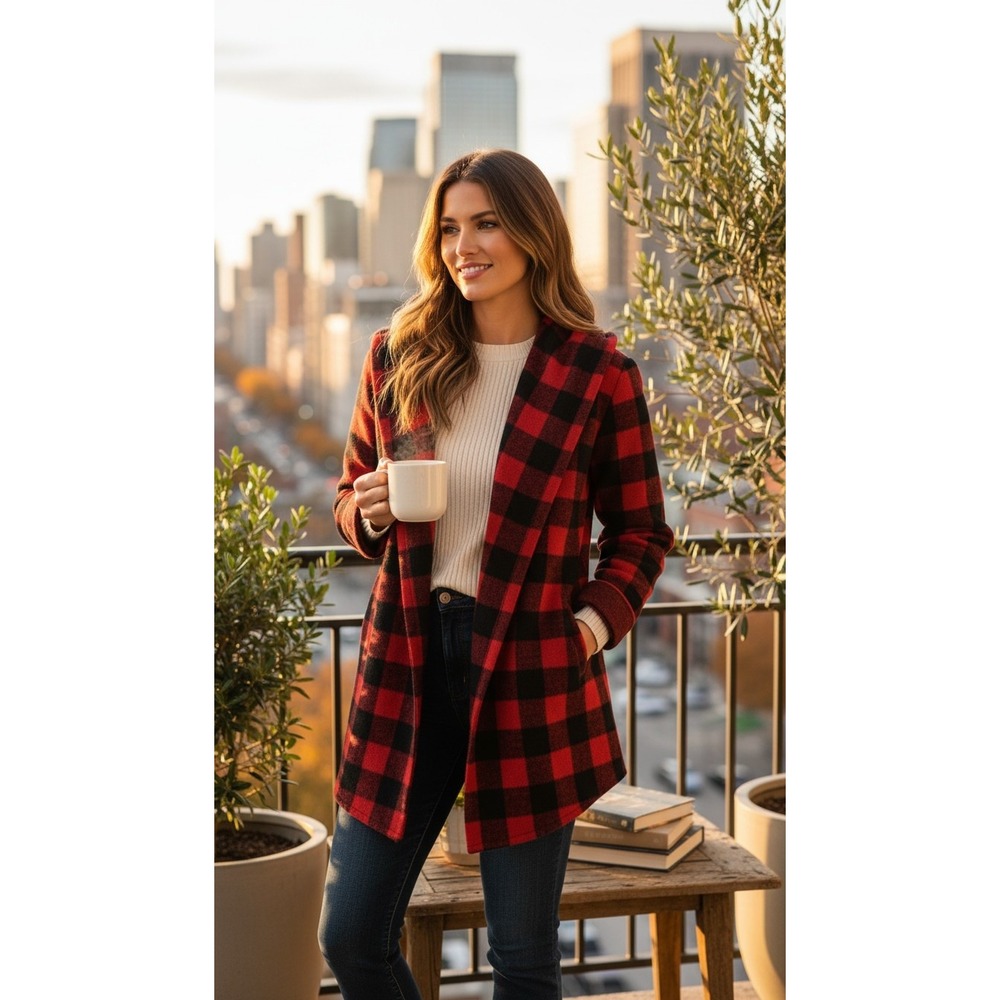 Cozy 100%‎ Wool Buffalo Plaid Hooded Check Jacket Cardigan Size M CabinCore